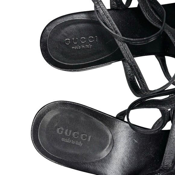 Gucci Interlocking G Black Leather Strappy Ankle Wrap Logo Thong Sandals Size 8B - Picture 9 of 11